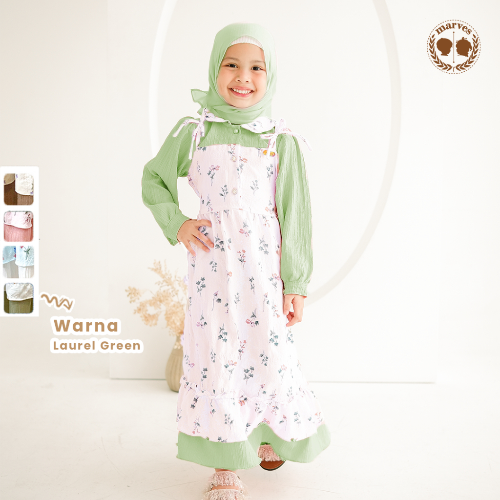 MARVES Noura Baju Gamis Anak Perempuan Set Hijab Bahan Crinkle Usia 1 Hingga 14 Tahun-Laurel Green