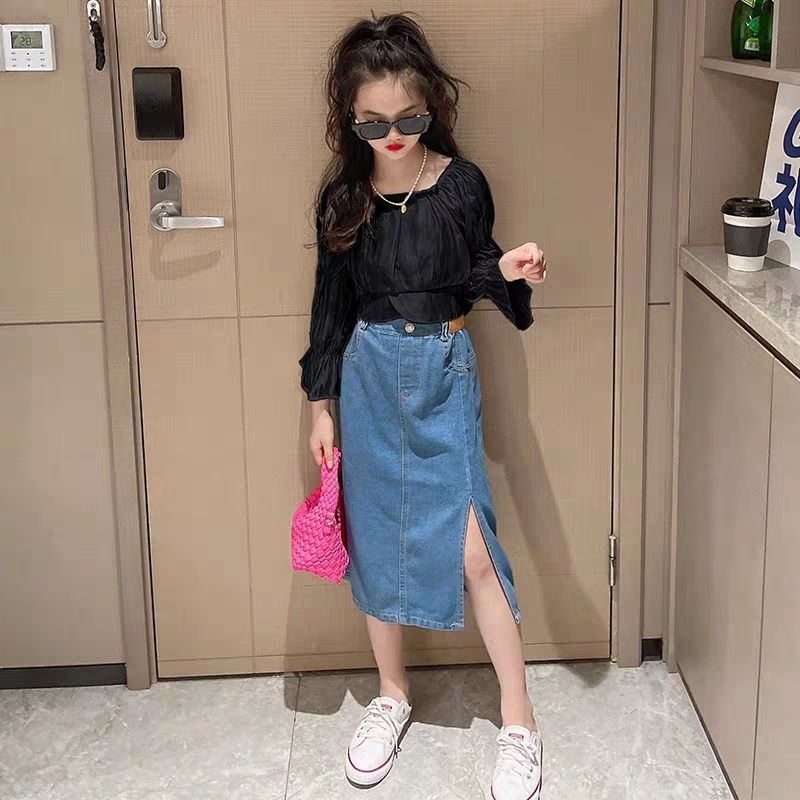 Set Rok Jeans Kemeja Katun Anak Perempuan