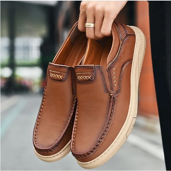 Sepatu slip on Pria 100% KULIT ASLI PU IMPORT Casual Kulit Kerja Kantor Santai Fashion Slop Formal |