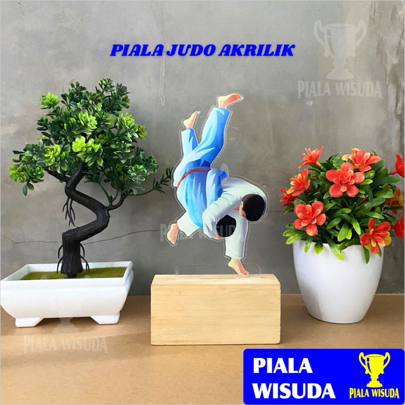 Piala Akrilik Beladiri (Judo) Print UV Tatakan Kayu Free Stiker Nama - Plakat Akrilik Bela Diri Judo