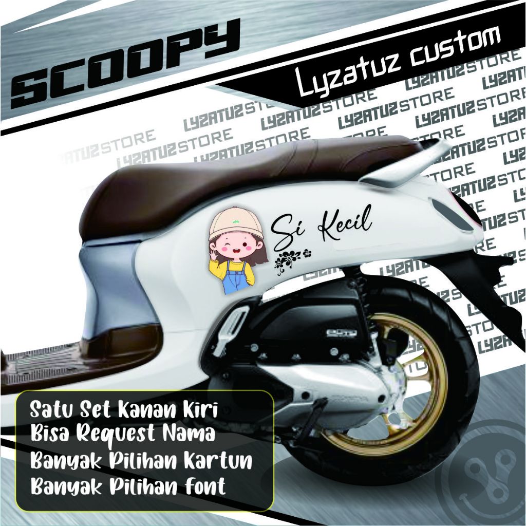 STIKER CUTTING NAMA LATIN KARTUN LUCU SCOOPY STYLO STICKER NAMA CUSTOM REQUEST SEPEDA LISTRIK UNIVER