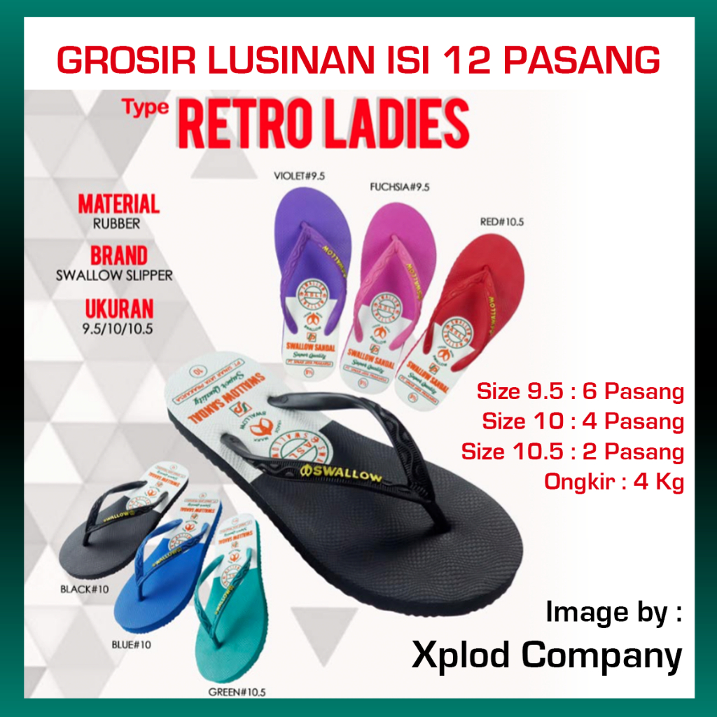 (12 Pasang) Grosir Lusinan Sandal Swallow Retro Ladies Ukuran Seri 9.5 – 10.5 Swallow Grosiran