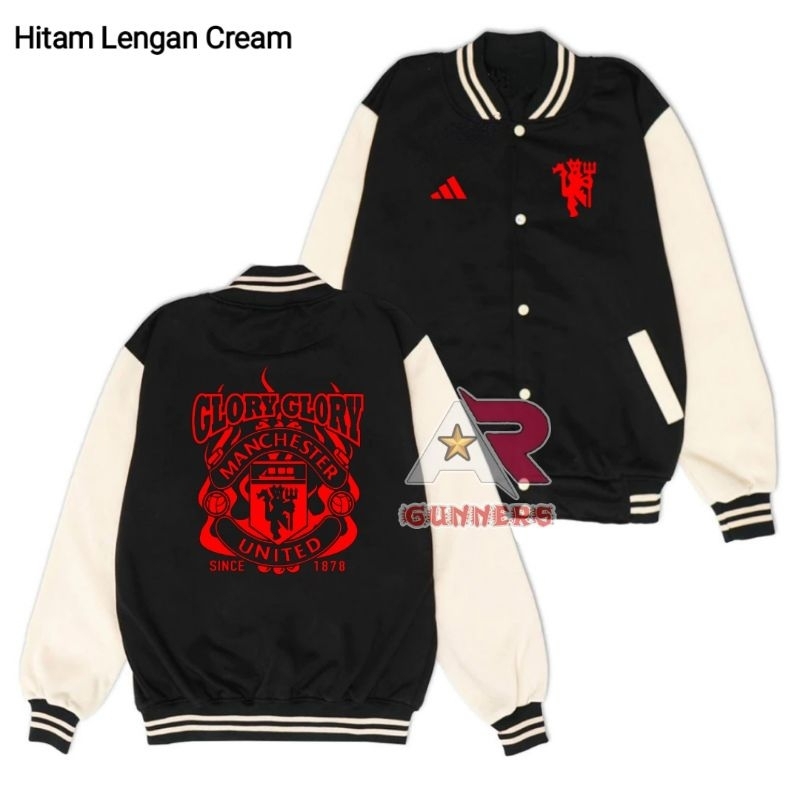JAKET MANCHESTER UNITED JAKET VARSITY HITAM LENGAN CREAM