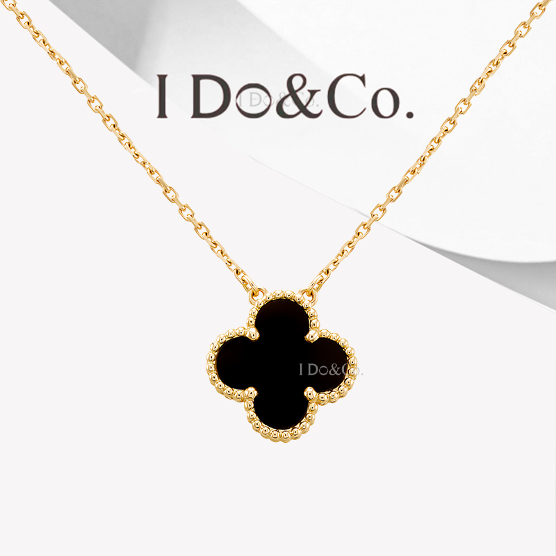 I Do&Co. Kalung Emas 17K, Kalung Semanggi Onyx Hitam, Kalung Wanita