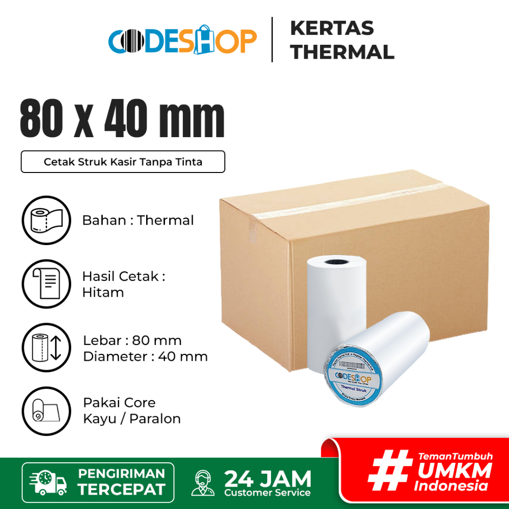 

(1 Dus) Kertas Thermal Codeshop 80x40 mm Struk Kasir Printer Bluetooth 80mm