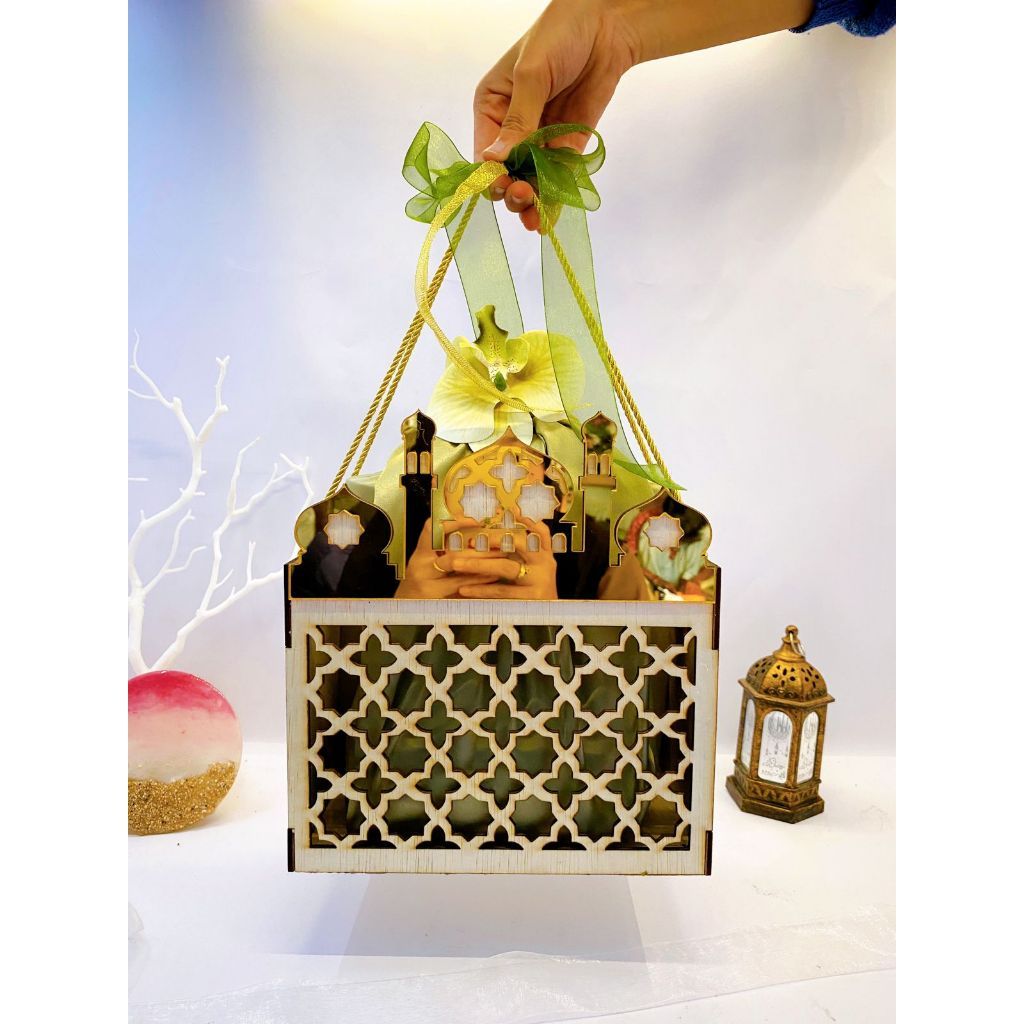 

box hampers lebaran idul fitri premium kotak kado lebaran ukuran 30x18x25 lengkap dengan kain tali dan pita