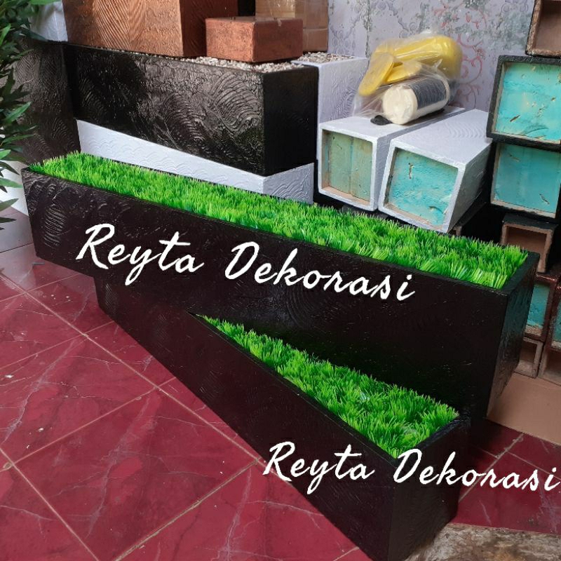 vas / POT kayu lengkap dengan busa dan rumput _ pot partisi pot panjang pot kayu / pot dekorasi