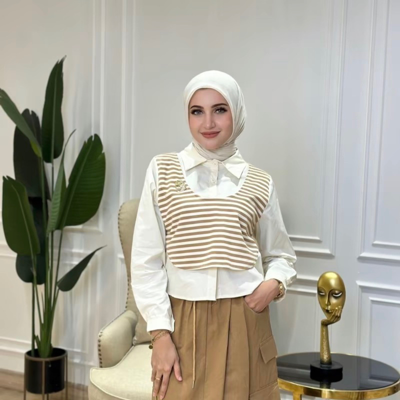 Shella Saukia New Ready atasan croptop garis coklat ori Shella Saukia