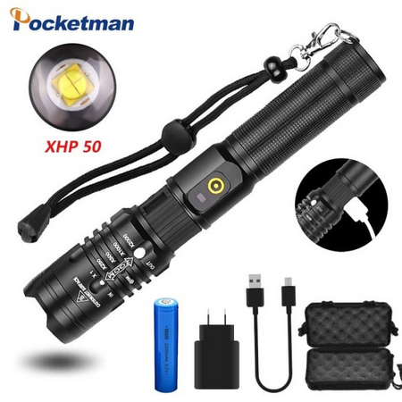 Lampu Senter LED 50000 Lumens 18650 USB XHP50 untuk Berburu
