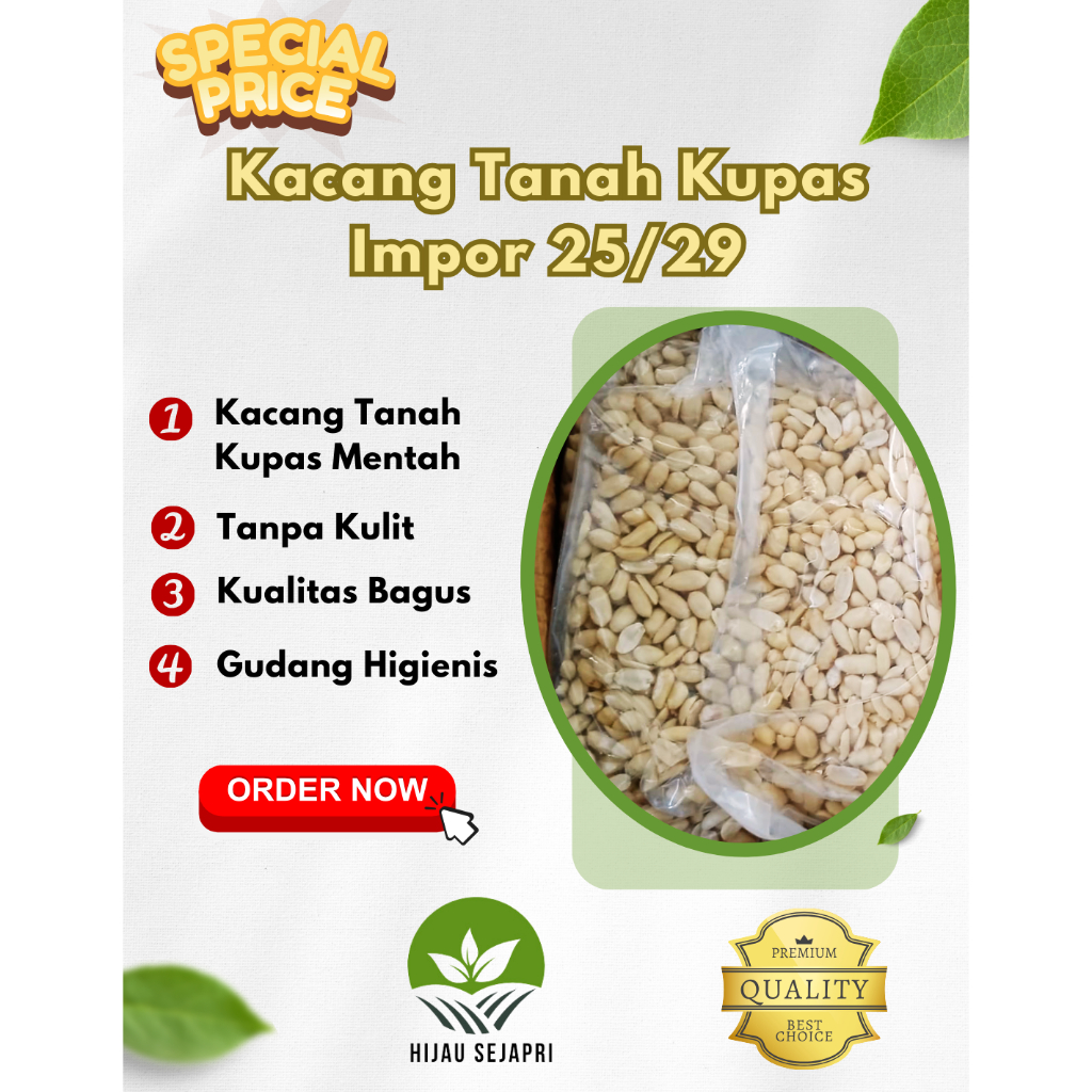 

Kacang Tanah Kupas Bersih Mentah Import 25/29 (Ukuran Besar) 1 Kg