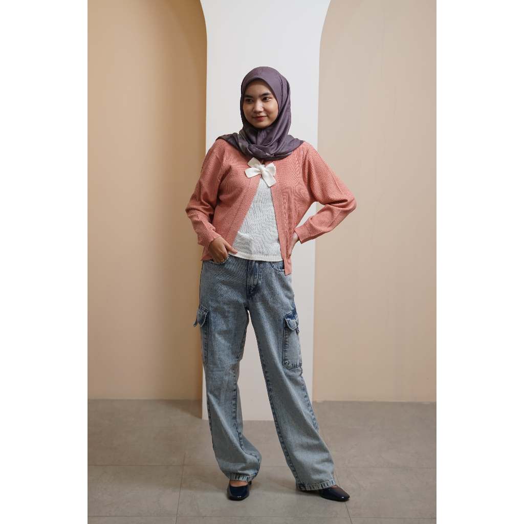 Blouse Onte Set Outer Missty Freeteen Rajut Wanita One Set Warna Pink Putih Model Korea Kardigan Kek