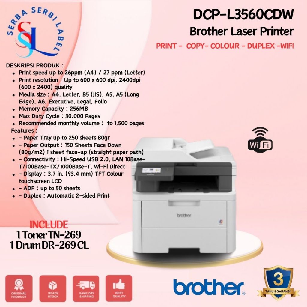 Printer  Brother Color  DCP-L3560CDW L-3560 CDW Laser Colour AIO Duplex + WiFi