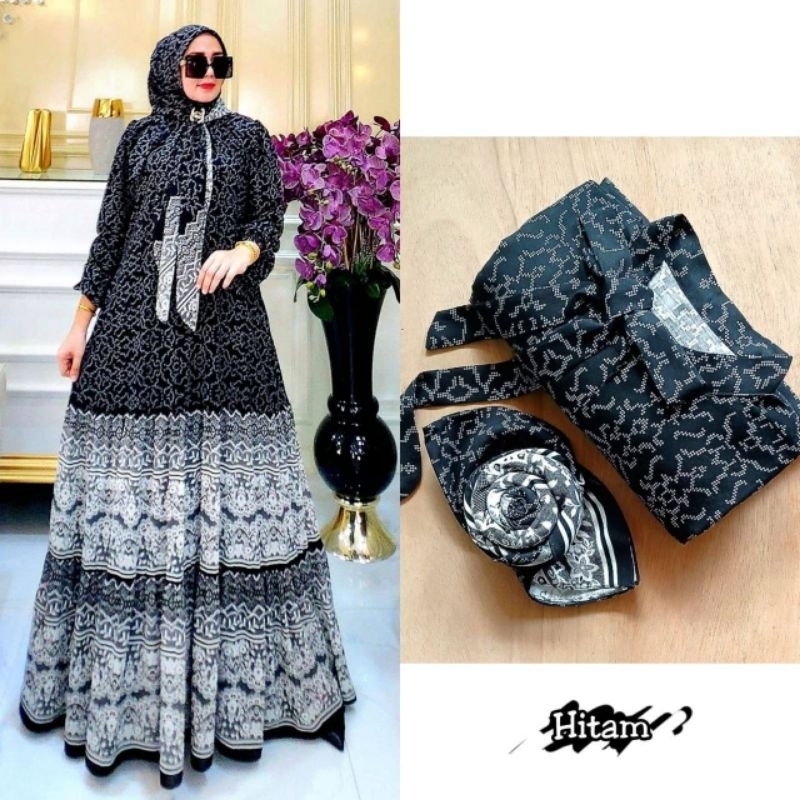GAMIS CLAUDIA DRESS SET HIJAB MATT RAYON DIAMOND ORI PREMIUM BLACK ETNIS SERIES COCOK UNTUK ACARA