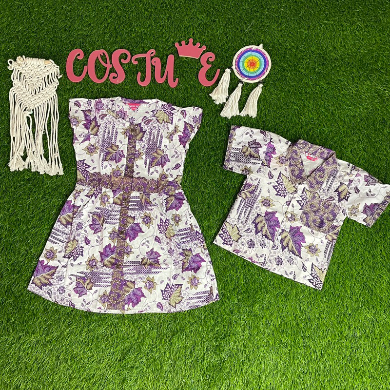 Batik Costume Dress Batik Anak Daun Ungu Couple Dress Kemeja Batik Anak Putih Ungu Lilac Cantik