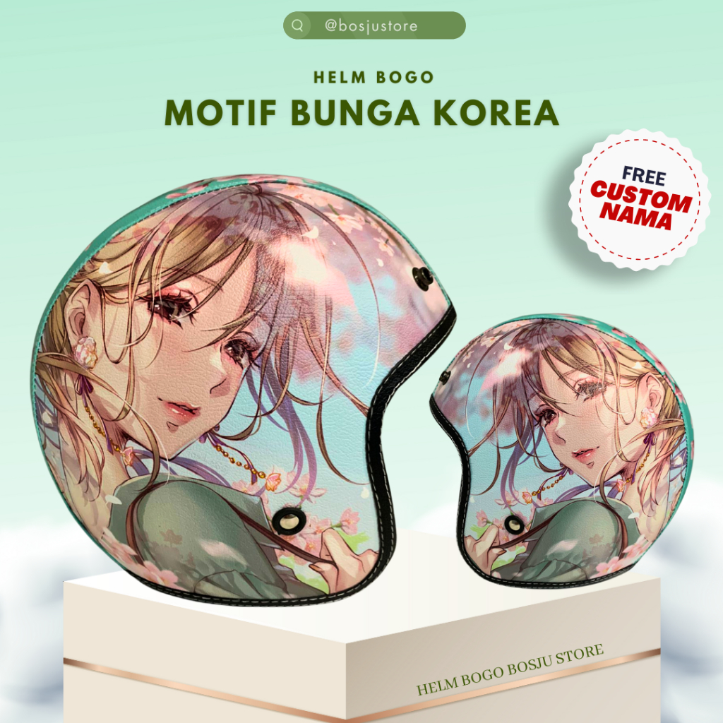 Helm Bogo Motif Bunga Korea Tosca | Custom Warna Nama | Helem Retro Klasik Anak Cewek Wanita Remaja 