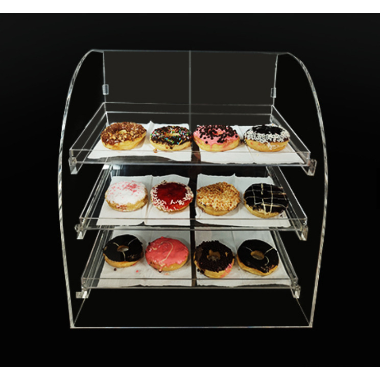 Etalase Kue Akrilik 3 Tingkat, Rak Pajang Roti dan Cupcake, 45x35x50 cm, Bening