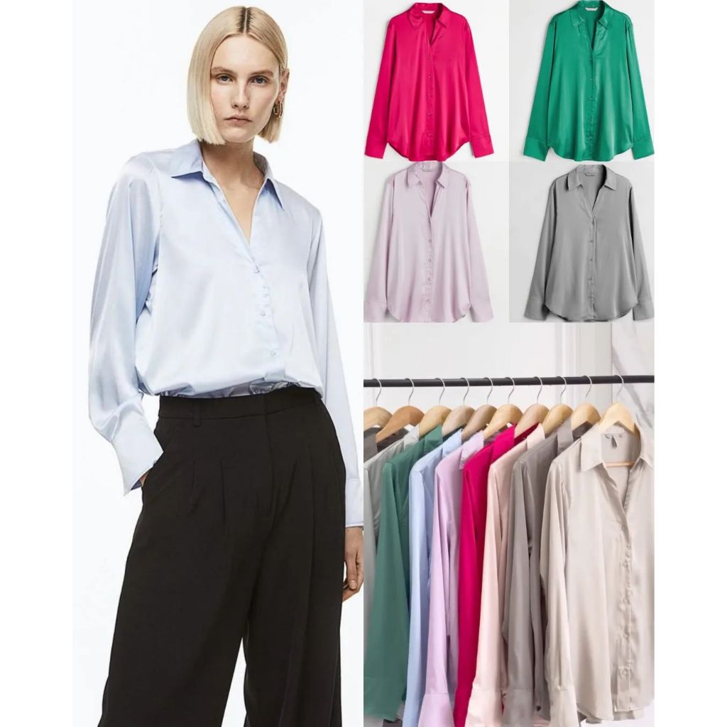Kemeja Wanita HNM Satin V-Neck Blouse