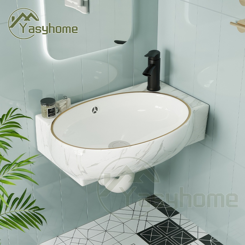 Keran dan aksesoris gratisWashtafel Gantung marmer Gold putih modern Lurus Sudut Kamar mewah Mandi