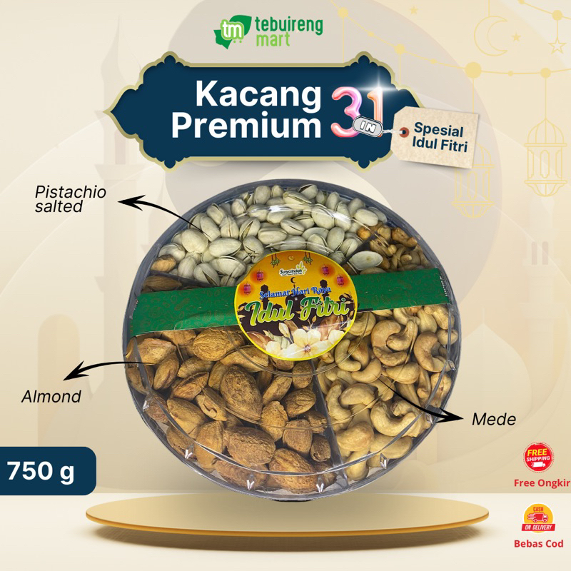 

Hampers Kacang Premium 750 Gram MIX 3in1 Sekat Tiga | Mix Nuts 3in1 Almond Pistachio Cashew