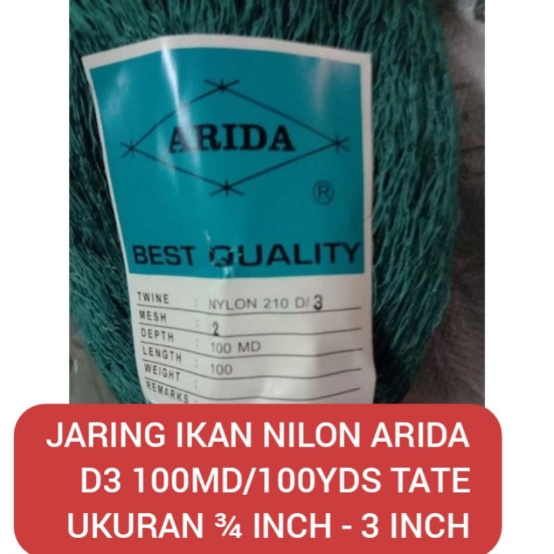 Jaring ikan nilon arida  D3 100md/100yds TATE ukuran tinggal pilih ¾ inchi - 3 inchi  jaring ikan NI