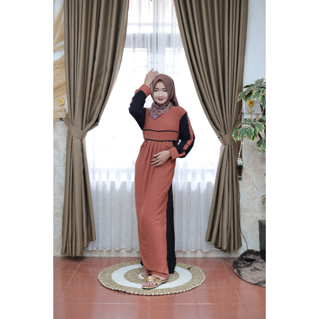 Baju Abaya Crinkle Airflow Import Gamis Midi Dress Korea Muslim Wanita Terbaru Lebaran 2024 Warna Merah Terracotta