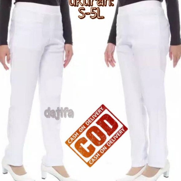 Sale Celana Bahan Kerja Wanita Kantoran Warna Putih Pinggang Karet Dan Resleting Ukuran Jumbo
