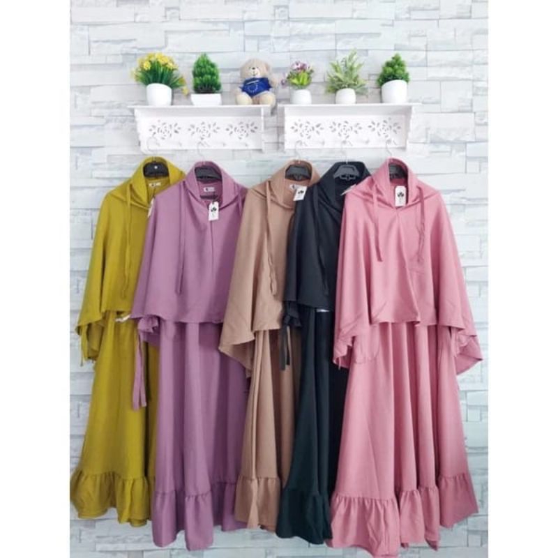 Set Hijab Syari Gamis Polos Mayung Variasi Pita Lengan Rok Mayung Saku Renda Set Jilbab Tali Maryam 