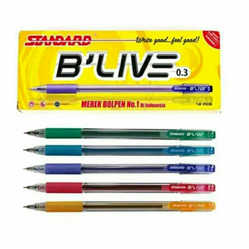 

Pulpen Standart B'live 0.3mm Standart Pen Blive Bolpen per pak (isi 12)