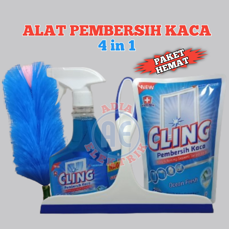 Paket Cling Pembersih Kaca Dan Jendela Rumah  4 In 1 + Wiffer Karet Pembersih Kaca +Kemoceng + Cling