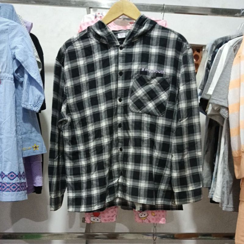 atasan kemeja lengan panjang sweater pria /wanita sweater Hoodie kupluk motif kotak