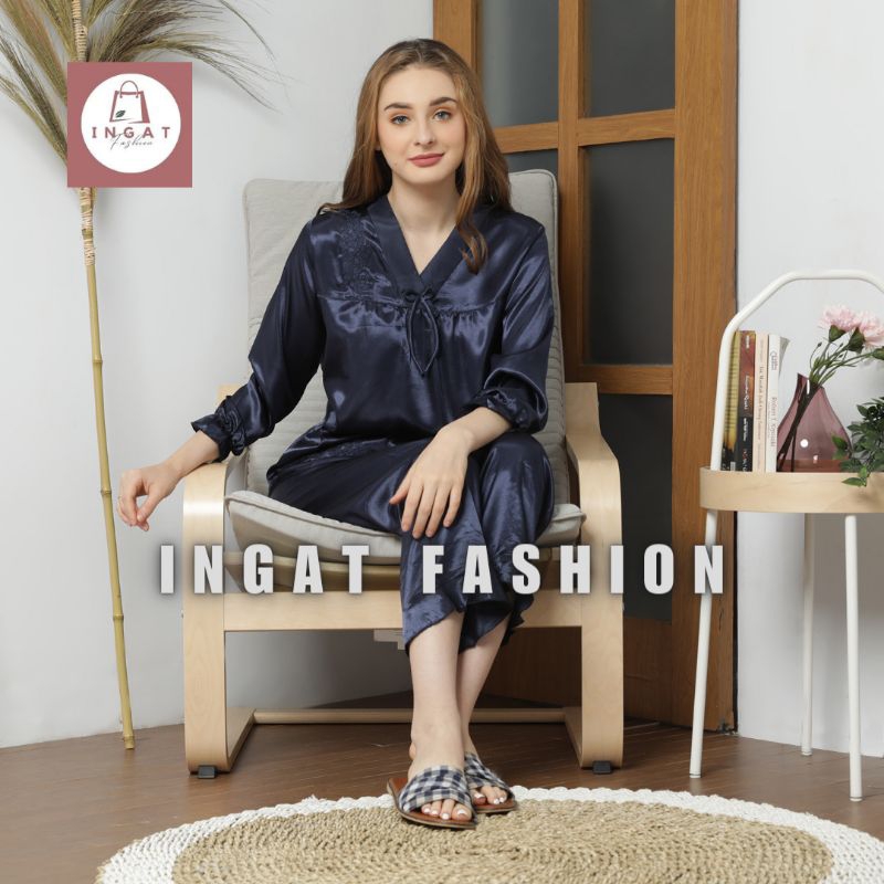 SETELAN PIYAMA PP BAJU TIDUR DEWASA BAHAN SATIN MODEL BROKAT - YJ 24