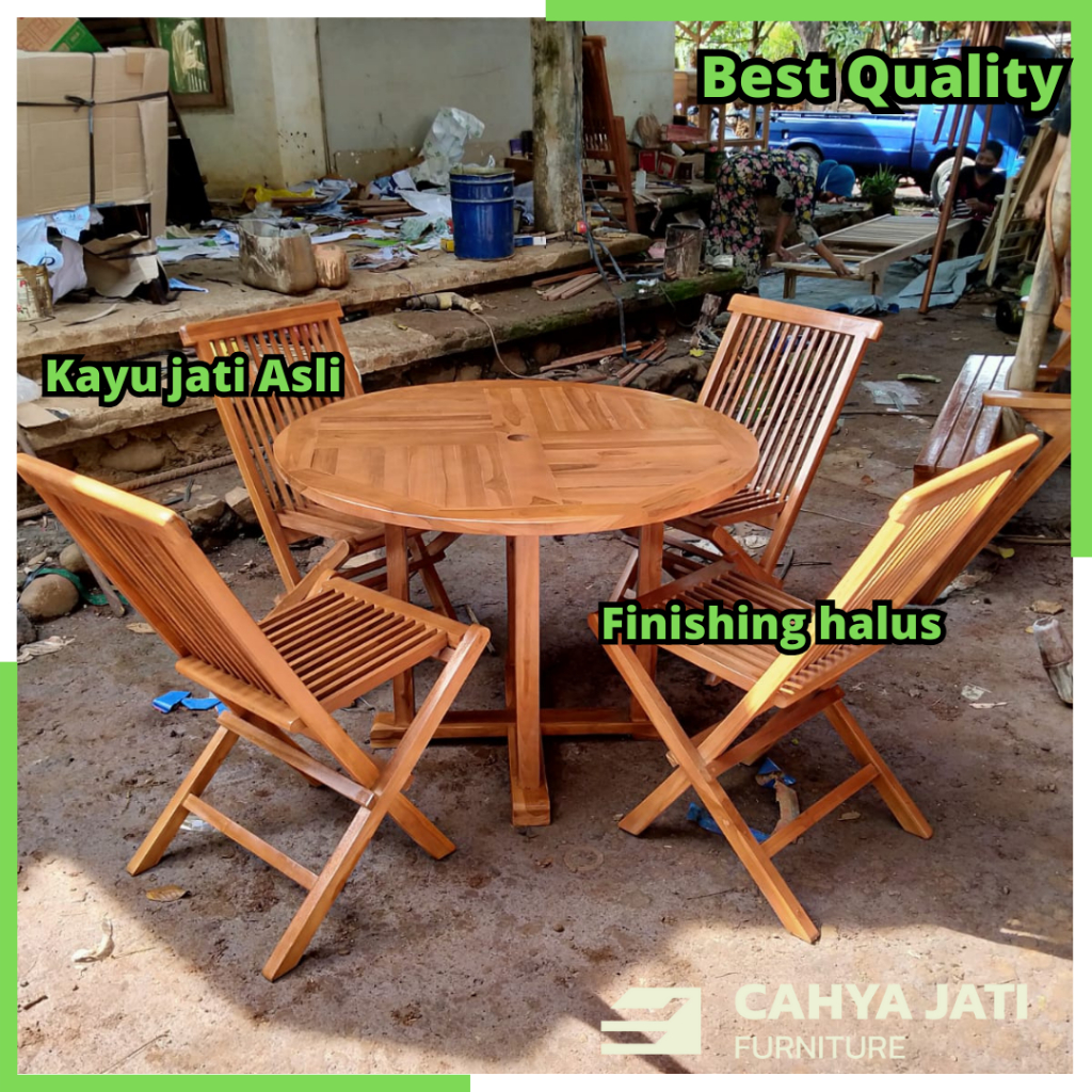 Meja Makan Cafe Minimalis Model Bulat Diameter 120cm Bahan Kayu Jati Jepara