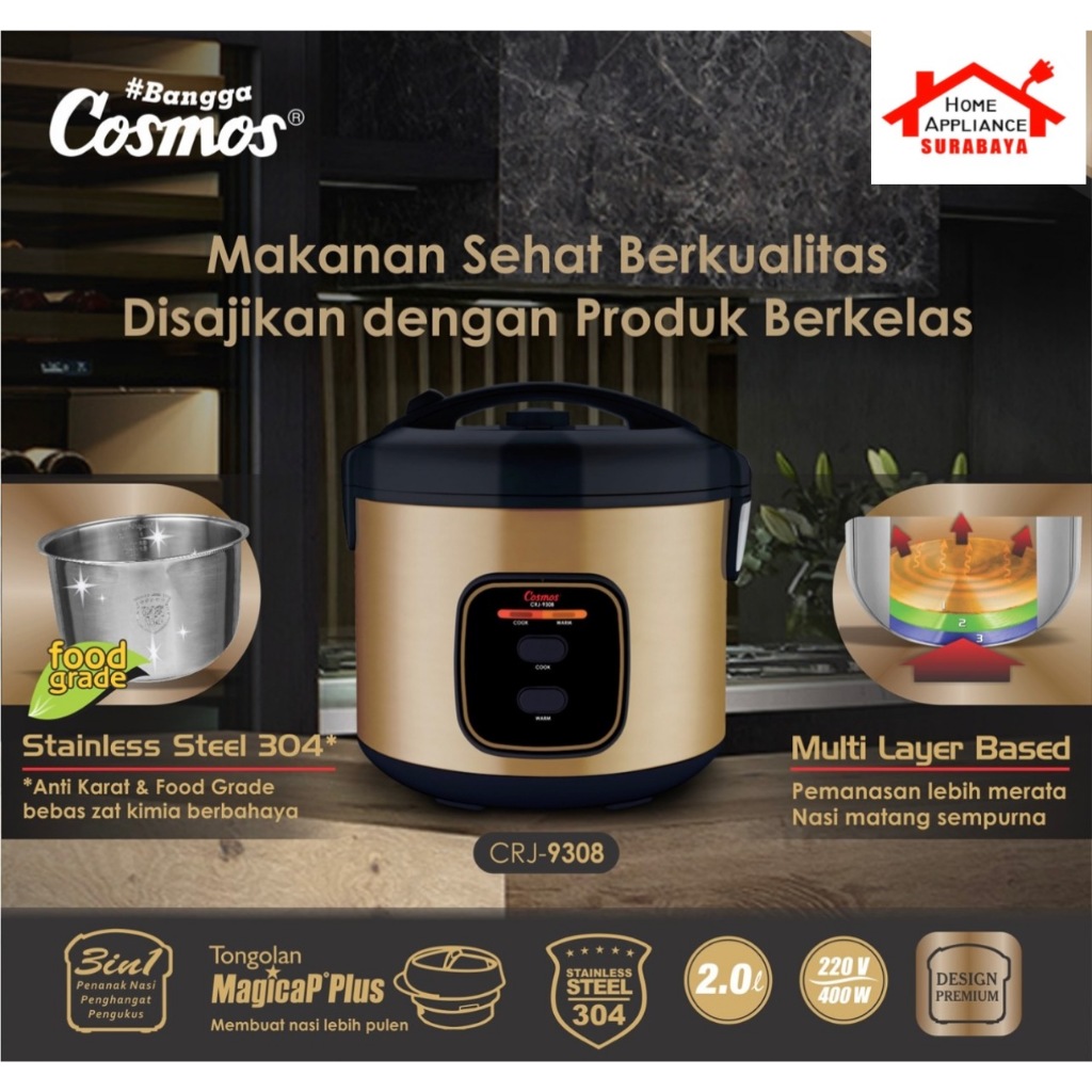 Rice Cooker Magic Com Cosmos Stainless Steel 2 Liter CRJ-9308 / CRJ 9308 / CRJ9308