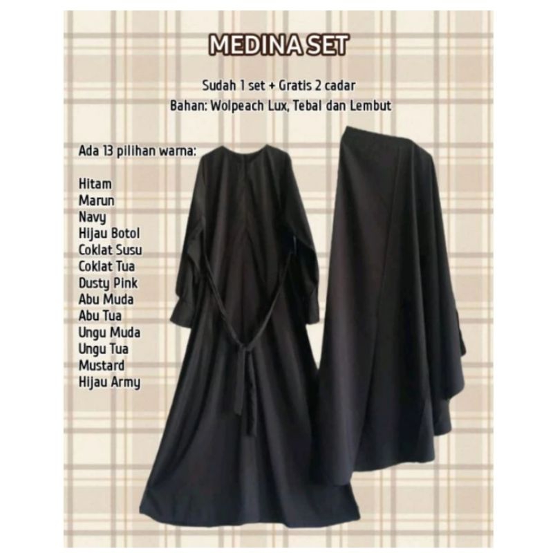 GAMIS SET SYAR'I + JILBAB + CADAR BANDANA +TALI (MEDINA SET ) GAMIS MUSLIMAH TERBARU