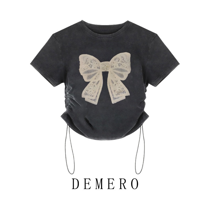 Demero Kaos Crop Wanita Korea Kaos dasi kupu-kupu Lengan Pendek Crop Top Serut Baju Crop Top Washed 