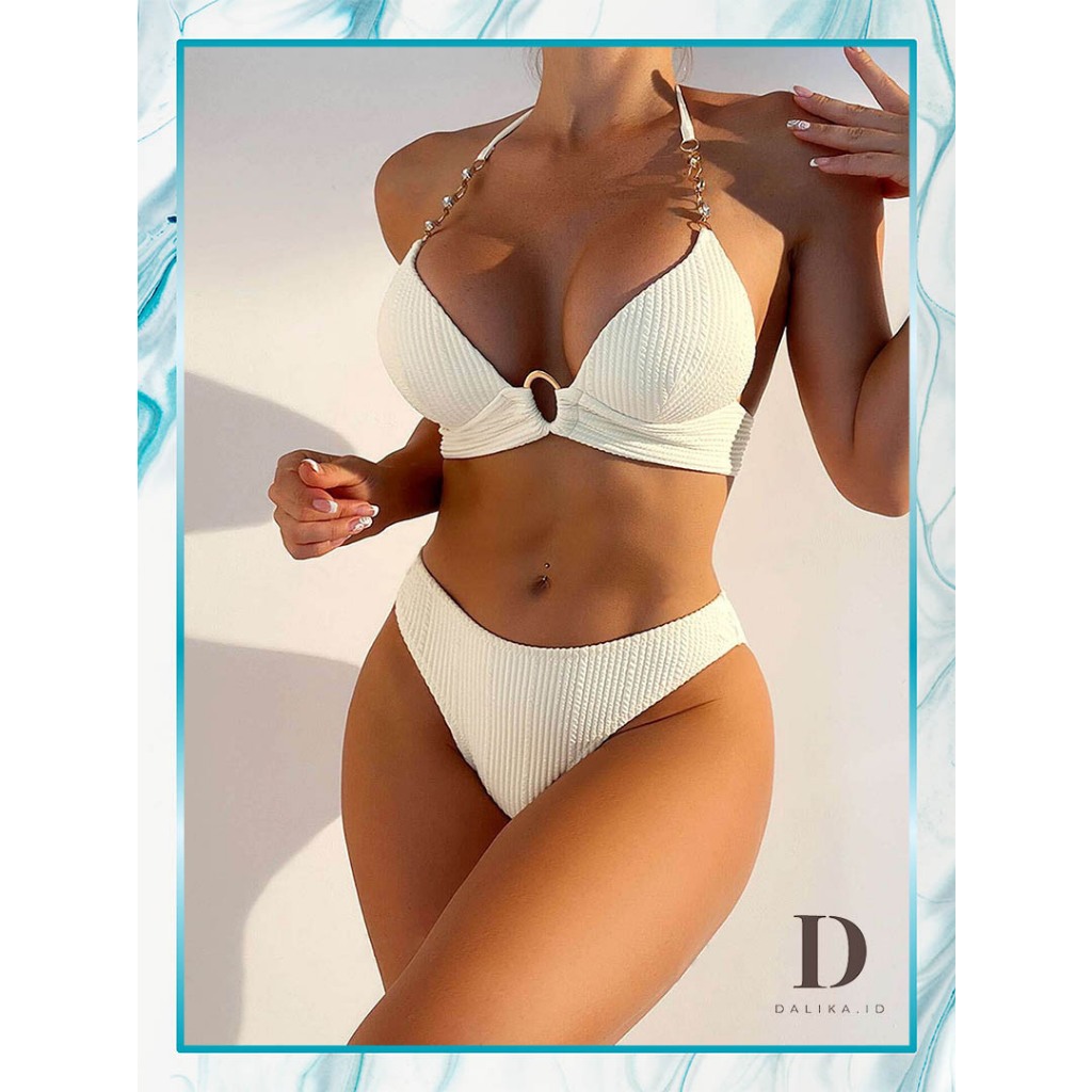 Bikini Push Up Swimsuit Beachwear Baju Renang Two Piece Putih Ring Linked Halter Wanita Outer Transp