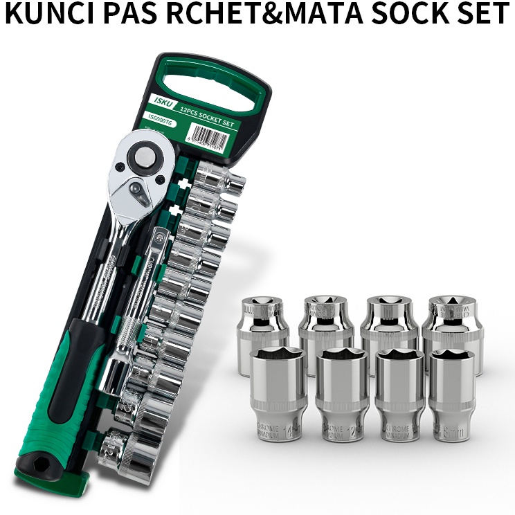 dy ISKU Kunci Sok Set CRV 12 PCS Kunci Sok Wrench 12 Rachet alat perkakas lengkap motor