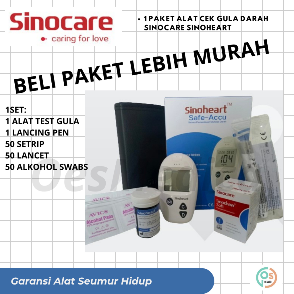 PAKET Murah Sinocare Sinoheart Safe Accu 1 Alat Tes Gula Darah Glukosa 1 Paket Lengkap (1 Buah Alat - 1 Buah Pen Lancet - 50 pcs Jarum - 50 pcs Alcohol Swabs )