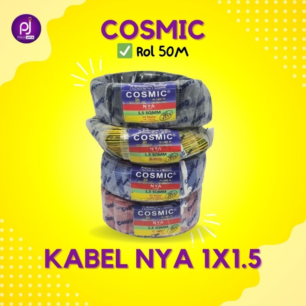 Kabel Listrik NYA 1 x 1.5 COSMIC 50 Meter Biru SNI LMK Tembaga Kawat 1 Roll Tunggal Untuk Instalasi 