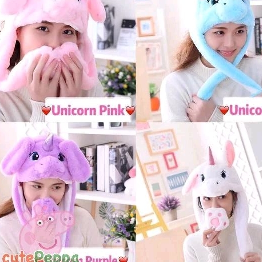 Topi unicorn bulu boneka telinga bergerak import hoodie kupluk unicorn