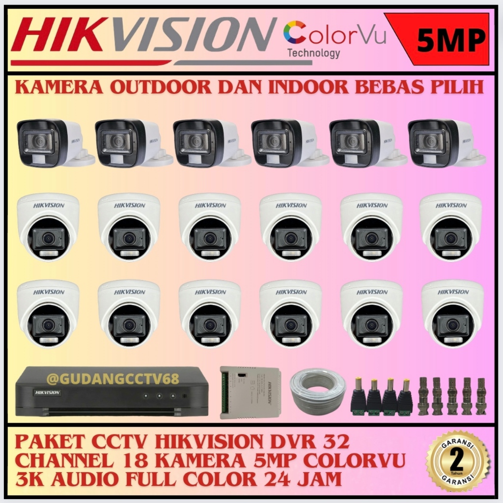 PAKET CCTV HIKVISION DVR 32 CHANNEL 18 CAMERA HIKVISION 5MP FULL COLOUR 3K COLORVU AUDIO SERIES