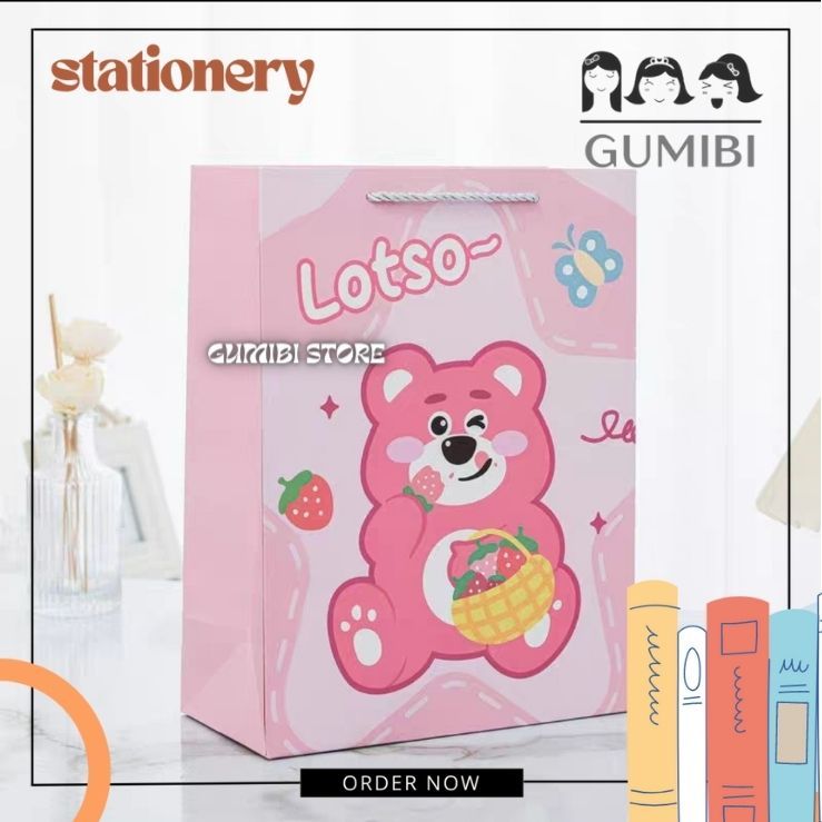 

PAPER BAG LOTSO GOODIE BAG TAS SOUVENIR TAS KADO TAS ULANG TAHUN ANAK MOTIF LOTSO BERUANG PINK SIZE LARGE GUMIBI STORE