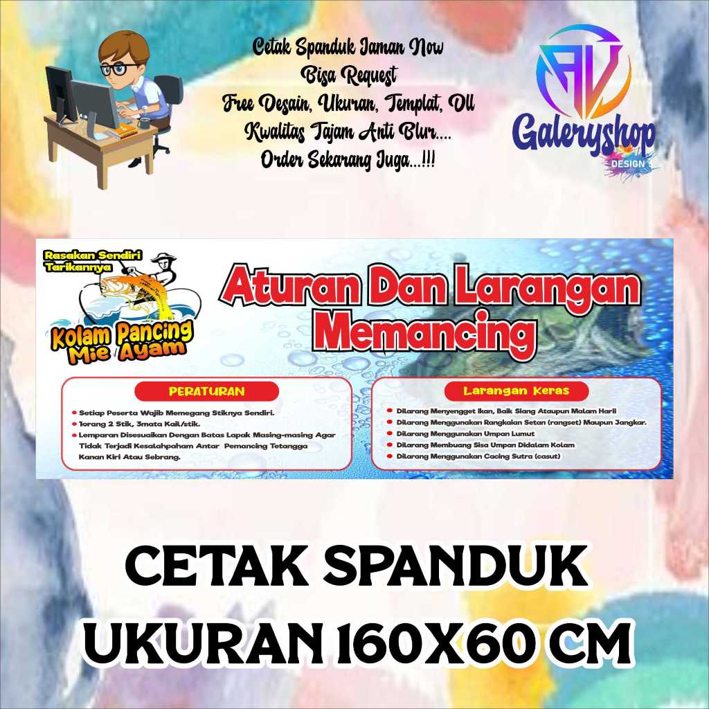 spanduk, banner peraturan pemancingan, rental, dll  custom 160x60 cm