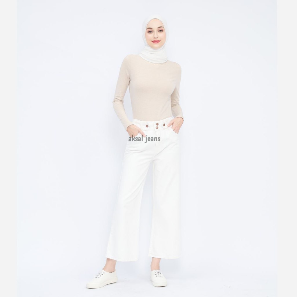 Highwaist Jeans Kulot Kancing Dua Pinggang karet Vol.4 Korean Style warna Broken White Terbaru Aksal