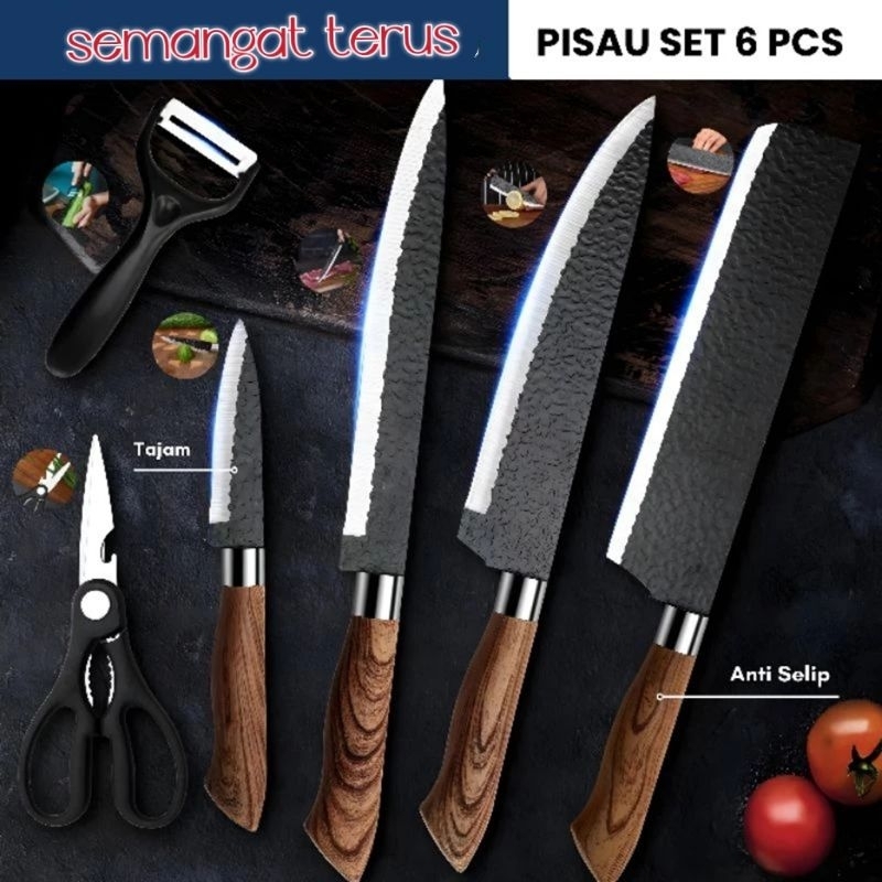 Pisau Dapur Set Tajam Kitchen Knife Set black knife Diamond Set 6 In 1