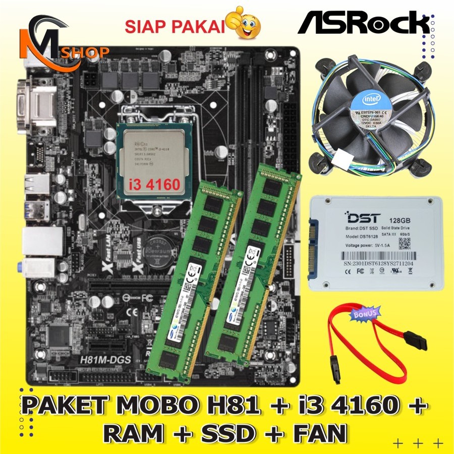 Paket Motherboard Mobo H81 LGA 1150 + Processor Core i3 4160 + SSD + RAM DDR3 + Fan Siap Pakai