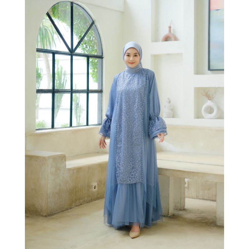 Kalandra Dress Akirabutik - Gamis Modern Elegan Motif Tulle Bunga | Dress Kondangan Muslimah