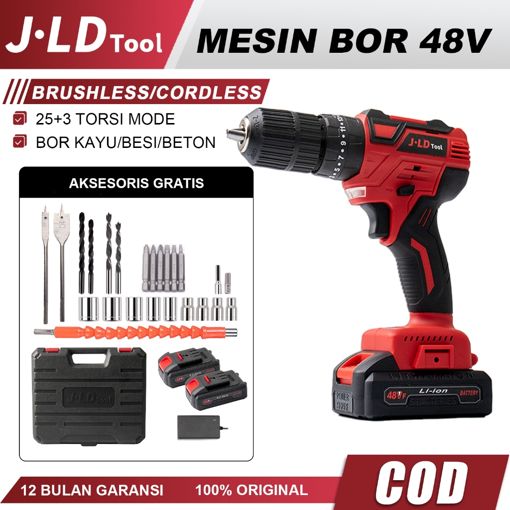 JLD 48Vf Mesin Bor Baterai Brushless Bor Cas jld 2 Batre Case 25+3 Bor Cordless Impact Drill Bor Tan