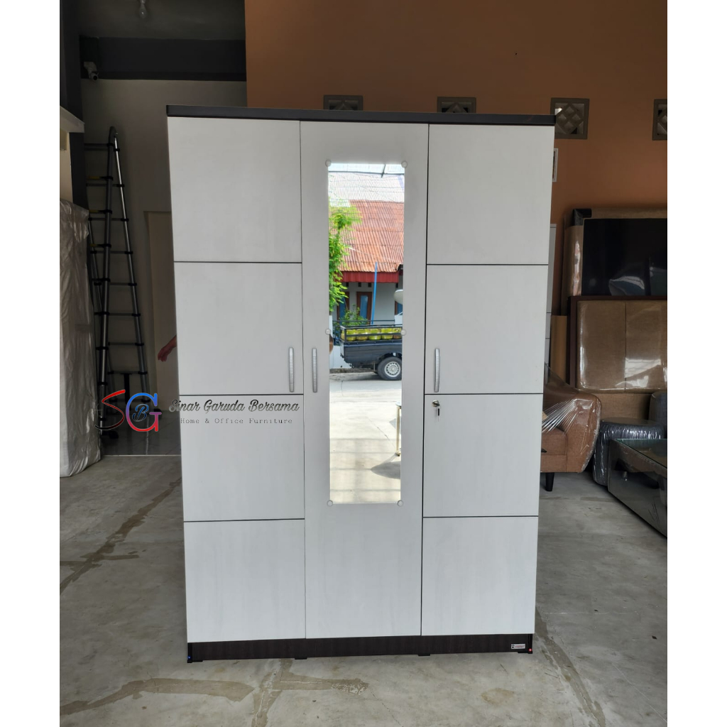 [FULL GAMIS] LEMARI PAKAIAN 3 PINTU KACA FULL + FULL GAMIS + RAK RAK / LEMARI BAJU ESPRESSO PUTIH KA