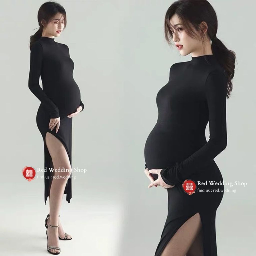Gaun Maternity Dress Gown Black Photoshoot Baju Hamil Hitam Stretch Perfect Fit Turtle neck